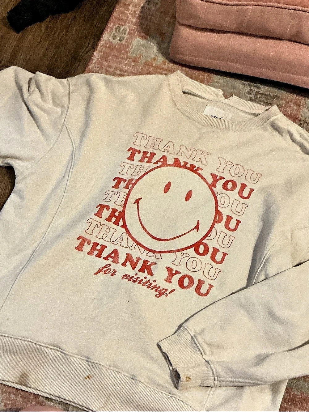 Aerie Thank You Smiley Face Graphic Sweatshirt in Cream & Red